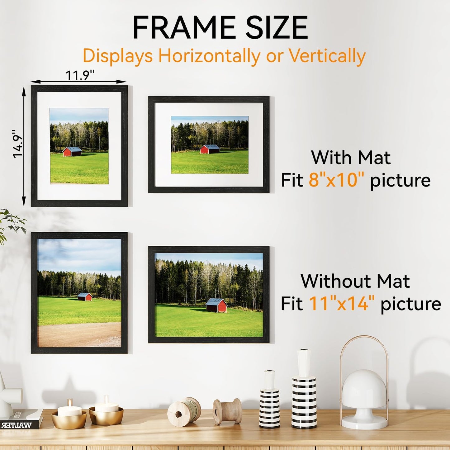 IBUYKE 11 x14 Picture Frame,Set of 3,Solid Oak Wood 11x14 Photo Frame with Mat to 8x10,11x14 Picture Frames With Tempered Glass,Wall Mount Display,Home Decor,Black Oak 14 x 11 Frame,UWPF1114B-3