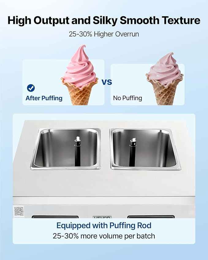 VEVOR Commercial Ice Cream Machine, 34-44L/H Yield, Dual-Compressor Freestanding Soft Serve Ice Cream Maker with 2 * 10L Hoppers & 3 Flavors, Pre-Cooling Puffing Low-Mix Alert for Snack Dessert Shops