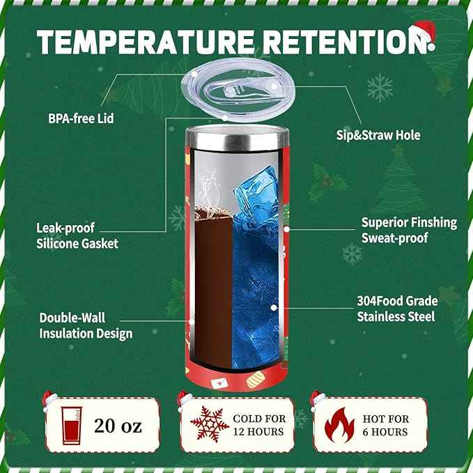 20oz Christmas Skinny Tumbler with Lid and Straw,Stainless Steel Vacuum Insulated Tumbler Cup Double Wall Travel Coffee Mug Christmas Gifts for Women Men(Xmas Elements,2)