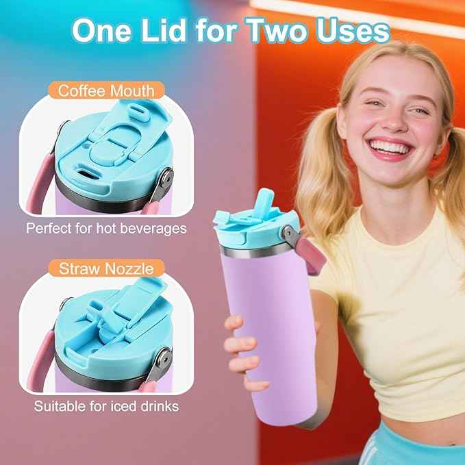 32 oz Tumbler with Handle and Flip Straw,Keep Cold or Hot,Fits in Cup Holder,Reusable Leak Proof Stainless Steel Vacuum Water Bottle,Suitable for Home Gym Trave, Easy to Carry(Purple)