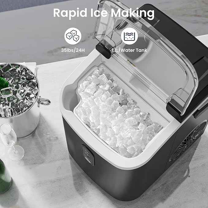 Antarctic Star Nugget Ice Makers Countertop with Self-Cleaning, 35lbs/24H, Portable Sonic Ice Maker Machine with Handle/Basket/Scoop for Home, Kitchen, Office, Camping(Black)