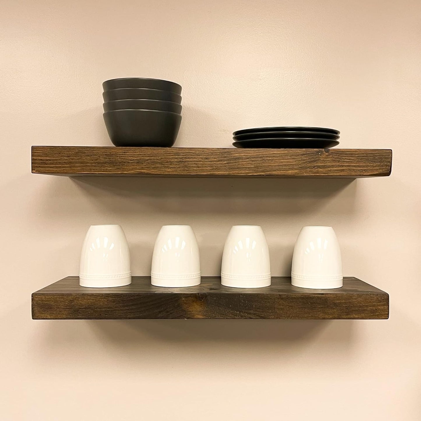 URBANDI, Rustic Floating Shelves, Set of 2, Hidden Bracket, Solid Wood, Heavy Duty, Wall Mounted Shelves, (Dark Brown, 24Wx8D)