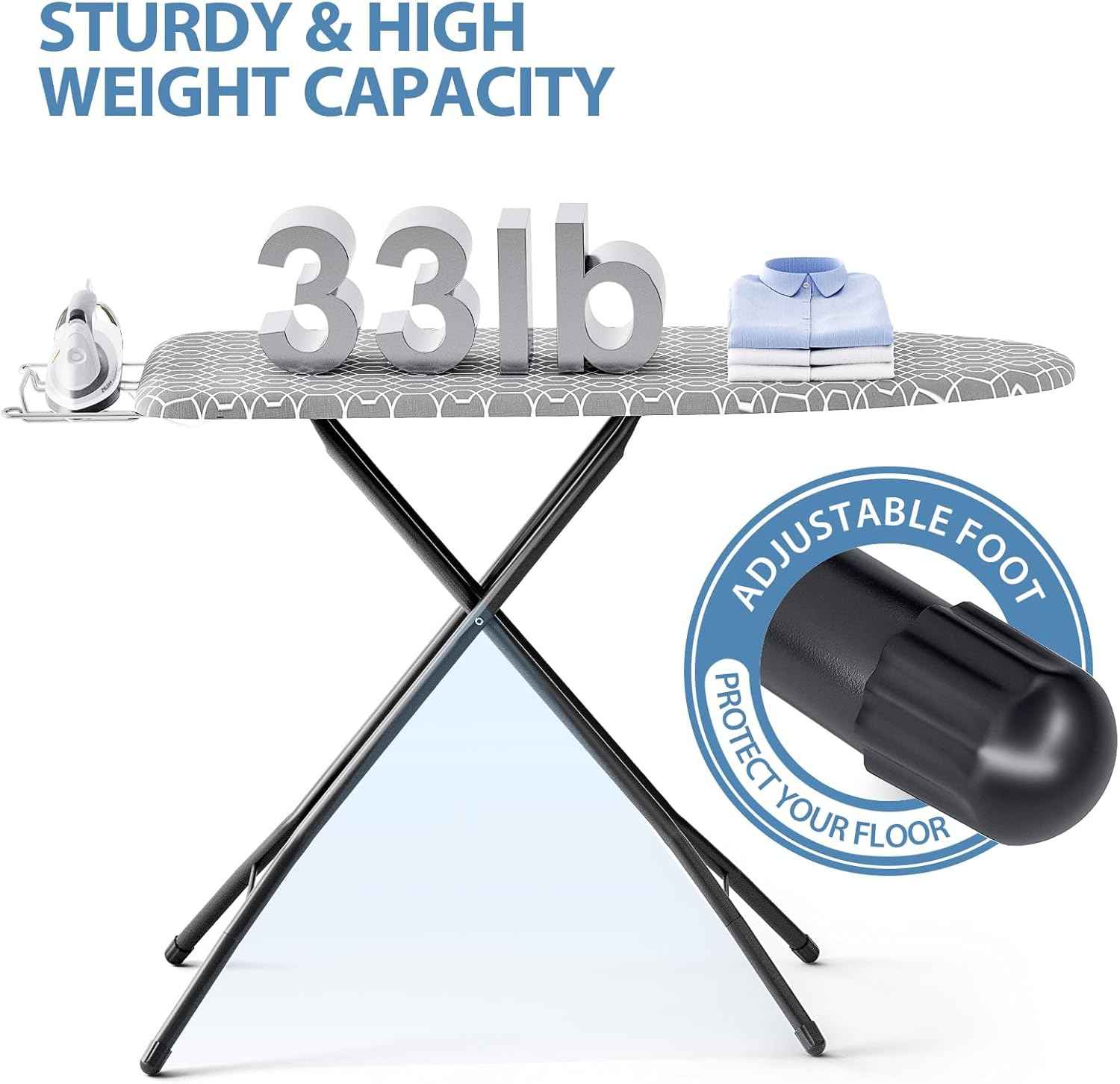 KINGBOARD Foldable Ironing Board Full Size, Iron and Ironing Board Set Standard Size, Iron Boards with Ironrest & Adjustable Height,Heavy Duty Iron Table Stand with Metal Legs &Thick Cover,43x13 Gray