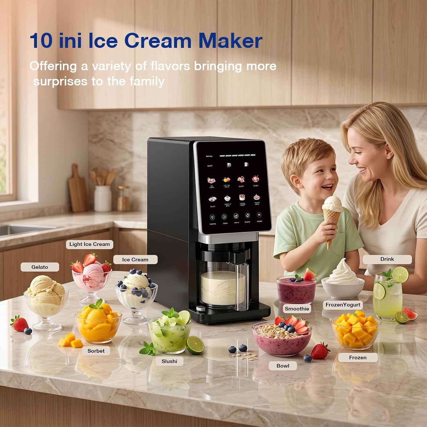 H-Duka 10-in-1 Ice Cream Maker Machine, 800W Frozen Treat Maker for Silky Gelato, Sorbet&Slushies, One-Touch Mix-In & Re-Spin for Creamy Texture, Keto & Vegan, Includes 3 Pints & Recipe Guide, Black
