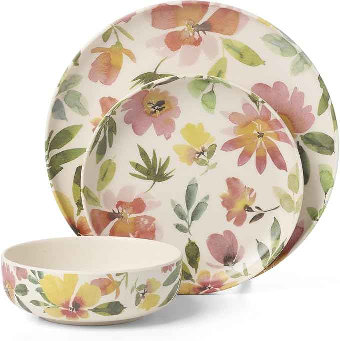 Oneida Dinnerware Sets, 24 Seven Melamine Floral 12-Piece Dinnerware Set, Service For 4, Dishes Set for 4, Floral Pattern, Melamine Dishwasher Safe Plates and Bowls Sets, Kitchen and Dining (12 Piece)