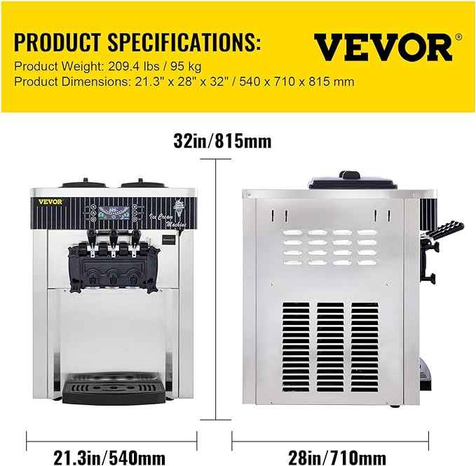 VEVOR Commercial Ice Cream Machine 5.3 to 7.4Gal per Hour Soft Serve with LED Display Auto Clean 3 Flavors Perfect for Restaurants Snack Bar, 2200W, Sliver