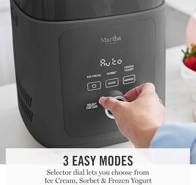 Martha Stewart 1 Quart Ice Cream Maker, Built-In Compressor, No Pre-Freezing Required, 3 Modes (Ice Cream, Sorbet, Frozen Yogurt), Automatic Mix-In Alert, Dishwasher-Safe Parts, Caviar Gray