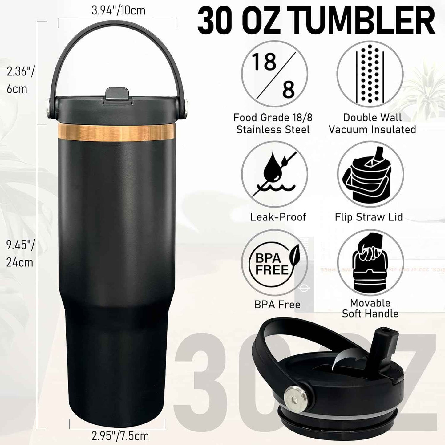 30 oz Tumbler with Handle and Straw, Vacuum Insulated Tumblers with Flip Straw and Top Handle, Leakproof Powder Coated Tumbler, Stainless Steel Travel Mug for Coffee Water (Black, 1 Pack)