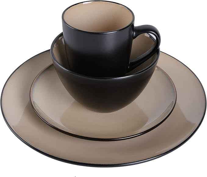 Gibson Elite Soho Lounge 16-Piece Round Reactive Glaze Stoneware Dinnerware Set, Service for 4 – Taupe Plates and Bowls