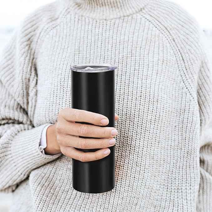 YOUKE OLA 12 Pack Stainless Steel Skinny Tumblers Bulk Straight Double Wall Insulated Tumbler with Lid and Straw for, DIY, Black, 20oz