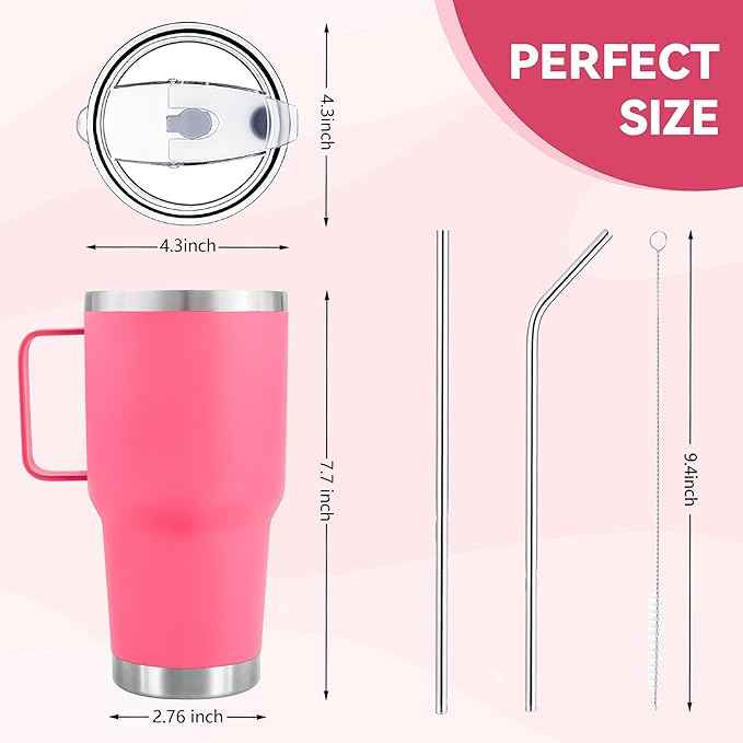 30 oz Tumbler With Handle, Double Wall Stainless Steel Vacuum Insulated Travel Mug with Splash-Proof Lid Metal Straw and Brush (Bright Pink)