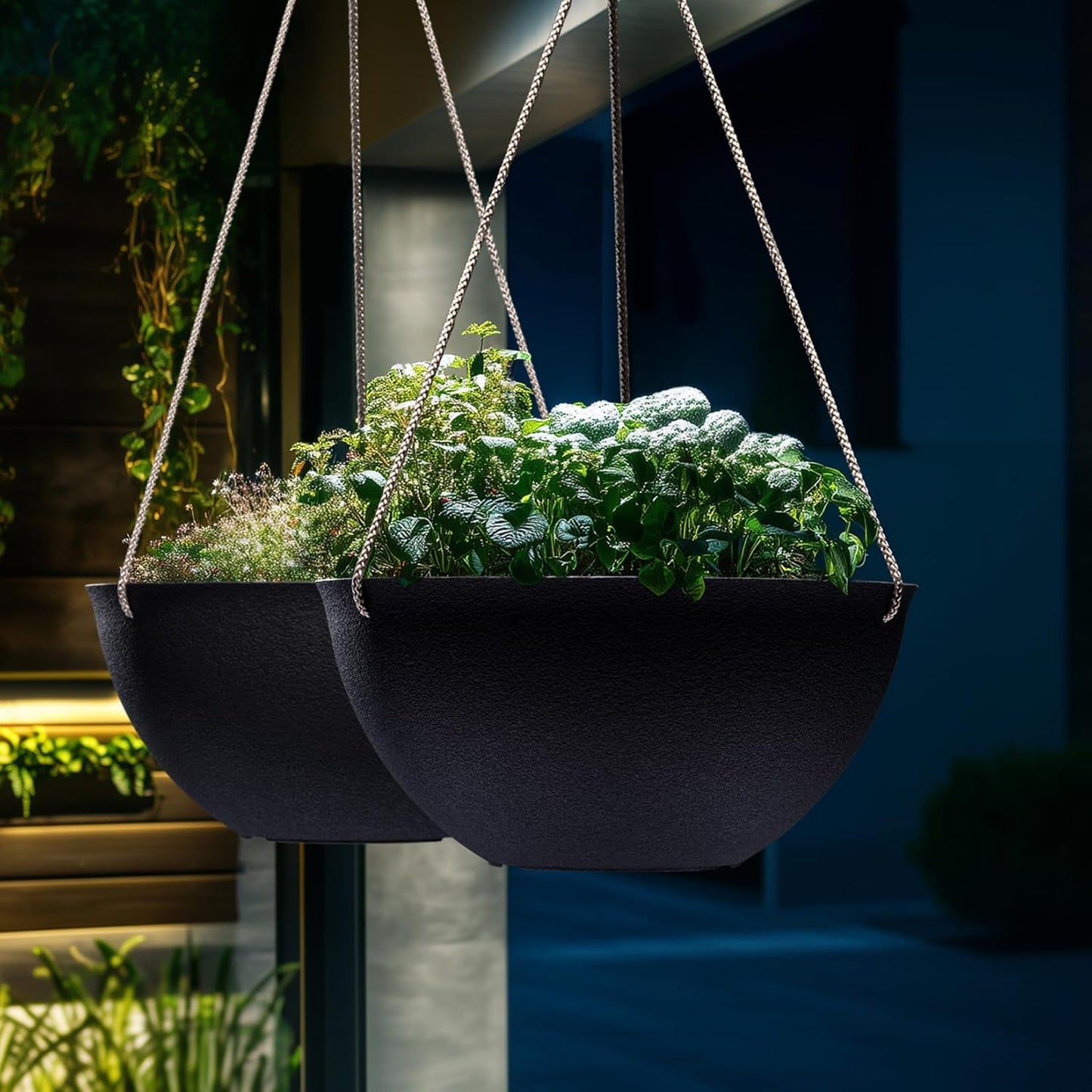 LA JOLIE MUSE Hanging Planters for Outdoor Plants, Large Hanging Planter with Drain Holes, Black Hanging Flower Pots (13.2 Inch, Set of 2)