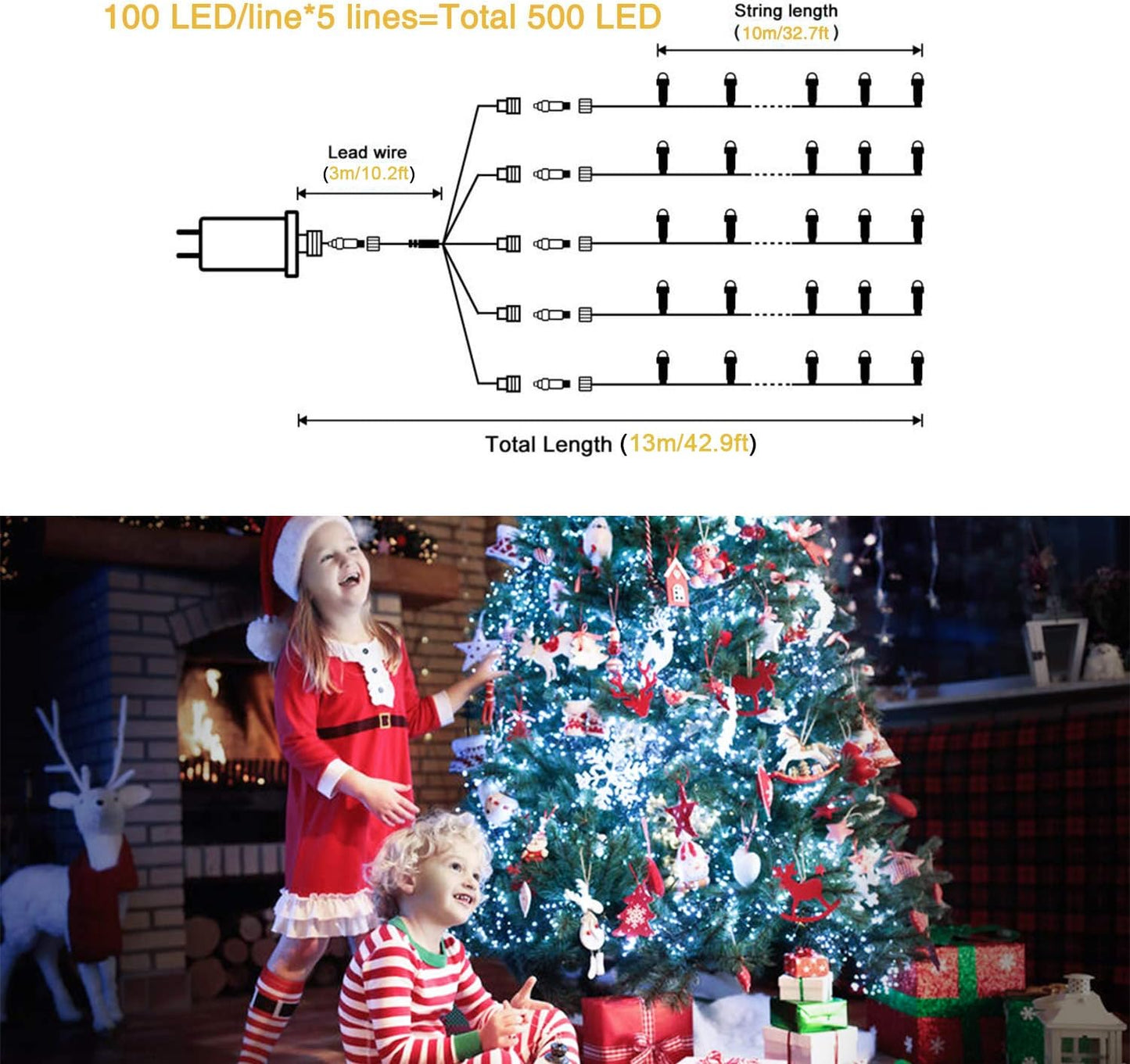 JMEXSUSS 500 LED White Christmas Lights Outdoor Indoor, Green Wire Christmas Tree Lights Plug in, 8 Modes Waterproof White String Lights for Xmas Wedding Party Garden