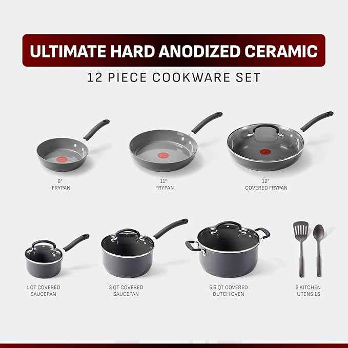 T-Fal Ultimate Hard Anodized 12-Piece Ceramic Nonstick Cookware Set, Oven Safe Up to 400°F, Ceramic Pots and Pans Set, Frying Pans, Saucepan, Stockpot, Cooking Utensils, Stone