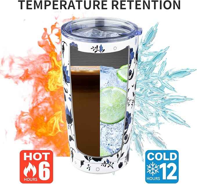 20oz Tumbler with Lid and Straw Double Wall Powder Coated Vacuum Insulated Coffee Tumbler Stainless Steel Travel Coffee Mug Spill-Proof Thermal Cup for Hot and Cold Beverage,Blue and White Porcelain