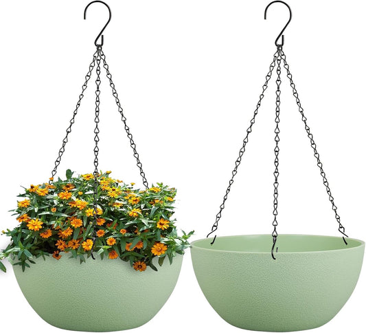 10 inch Hanging Planters for Outdoor Indoor Plants with Drainage Holes and Chain, 2 Pack Round Hanging Flower Pots for Garden Home Porch Decor,Green