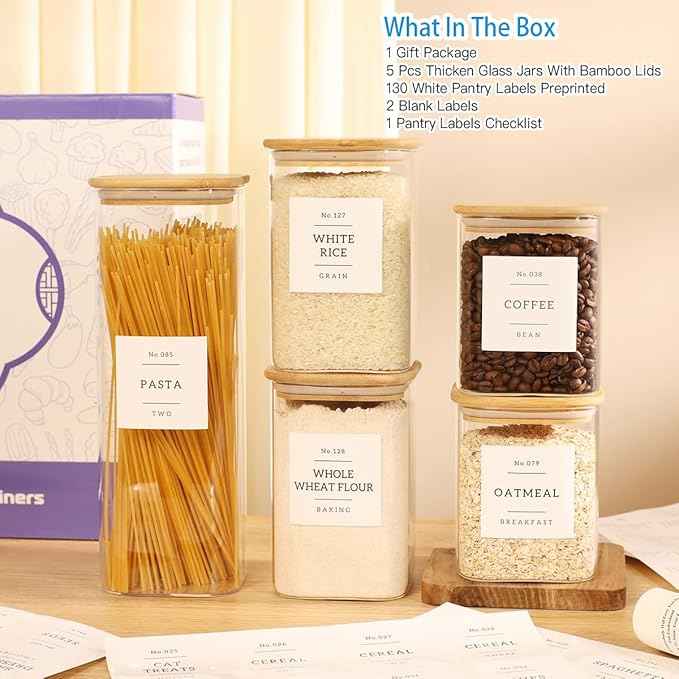 5 Pack Square Glass Pantry Storage Containers with 132 Kitchen Food Pantry Labels - Clear Glass Pantry Jars with Airtight Wood Bamboo Lids - Glass Canisters for Pasta, Cereal, Coffee, Flour, Sugar