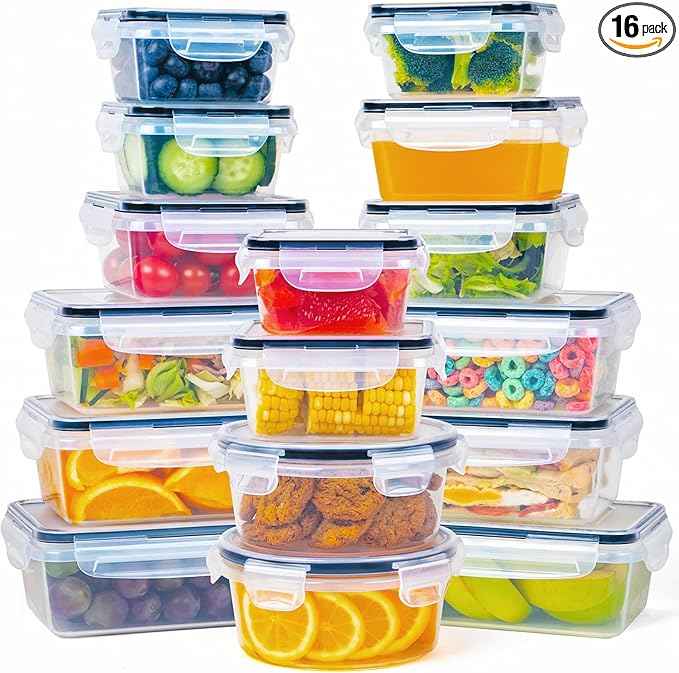 FOOYOO 32 Piece Food Storage Container with Lids (16 Containers + 16 Lids) - Plastic Food Containers with Lid, Airtight Leak Proof Snap Lock, BPA Free Storage Containers