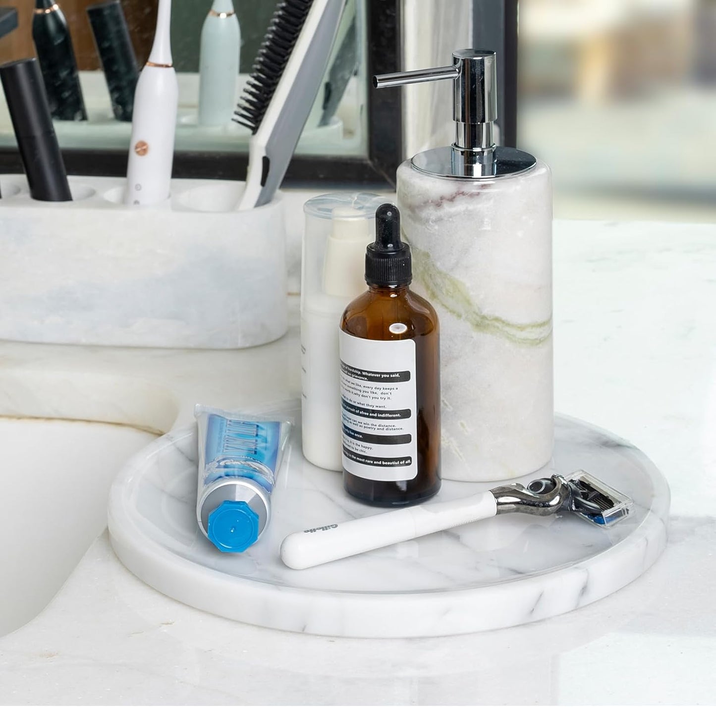 Natural Marble Round Tray - Luxury Decorative Serving Tray for Coffee Table, Bathroom Vanity, Dresser & Kitchen Countertop - Stone Organizer for Jewelry, Perfume, Candle, Home Decor -Arabescato