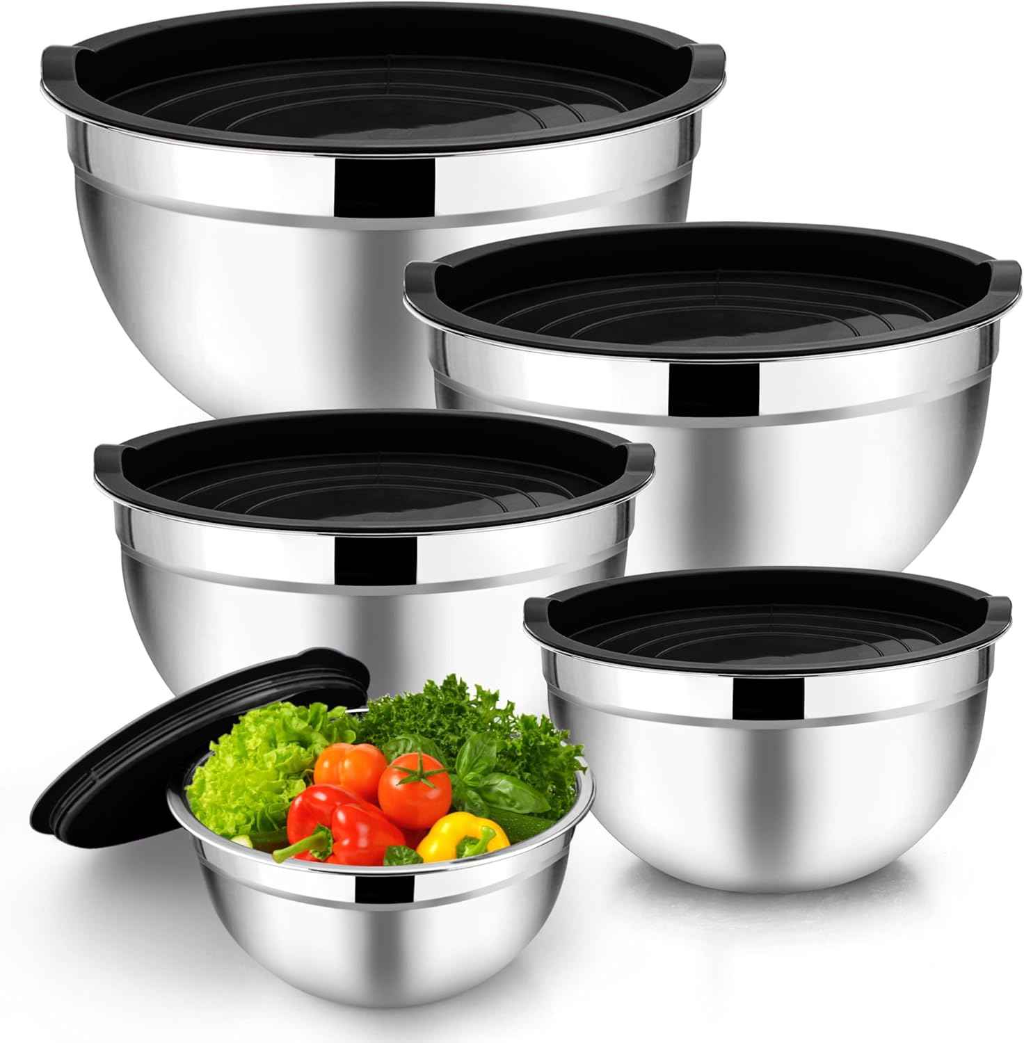 TeamFar Mixing Bowl Set of 5, 4.5/3/1.5/1/0.7 QT, Stainless Steel Metal Nesting Salad Bowl with Lid Set, Ideal for Mixing Serving, Non-Toxic & Sturdy, Airtight Lid & Easy Clean, Black