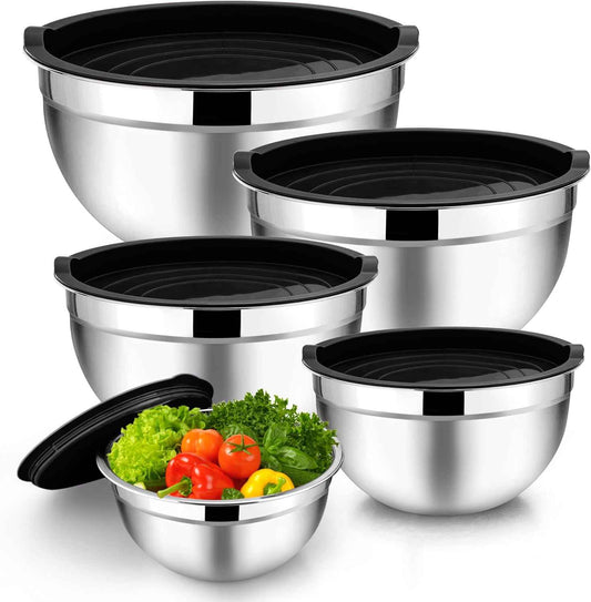 TeamFar Mixing Bowl Set of 5, 4.5/3/1.5/1/0.7 QT, Stainless Steel Metal Nesting Salad Bowl with Lid Set, Ideal for Mixing Serving, Non-Toxic & Sturdy, Airtight Lid & Easy Clean, Black