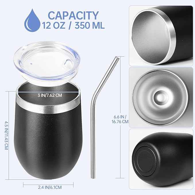 Volhoply 12oz Stainless Steel Wine Tumbler with Lid Bulk 24 Pack,Double Wall Vacuum Stemless Wine Glasses,Reusable Metal Travel Coffee Mug with Straw,Insulated Cups Gifts for Christmas（Black,24 Set）