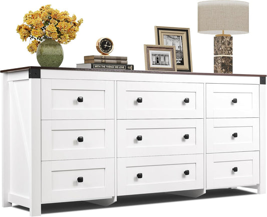 WLIVE Farmhouse Dresser for Bedroom, 63" Wide 9 Drawer Dresser Storage Organizer, Wood Chest of Drawers for Bedroom, TV Stand for 70 inch TV, for Living Room, Hallway, Ball Bearing Slide (White)