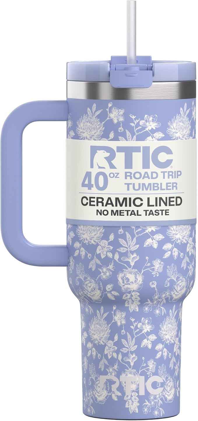 RTIC 40 oz Road Trip Tumbler Double-Walled Cermaic Lined Insulated Stainless Steel Portable Travel Coffee Mug Cup with Lid, Handle and Straw, Periwinkle Bouquet