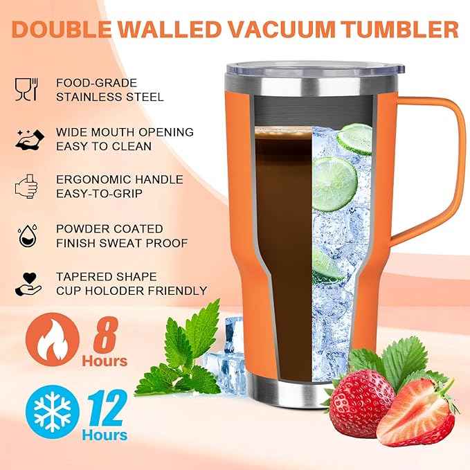 30 oz Tumbler with Handle, Stainless Steel Insulated Tumbler with Lid and Straw, Double Wall Vacuum Coffee Mug Tumbler, Insulated Coffee Thermal Cup for Cold and Hot (Orange)