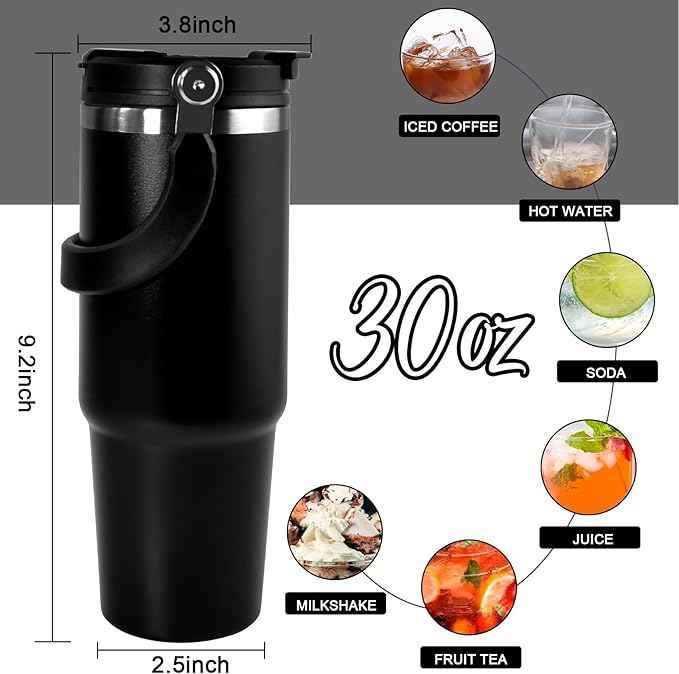 CHLJAR 30 oz Tumbler with Handle and Straw Lid, Double Walled Vacuum Insulated Water Bottle Leakproof Tumbler Travel Coffee Mug Thermal Cup, Cupholder Friendly for Office, Home, Sport, Black
