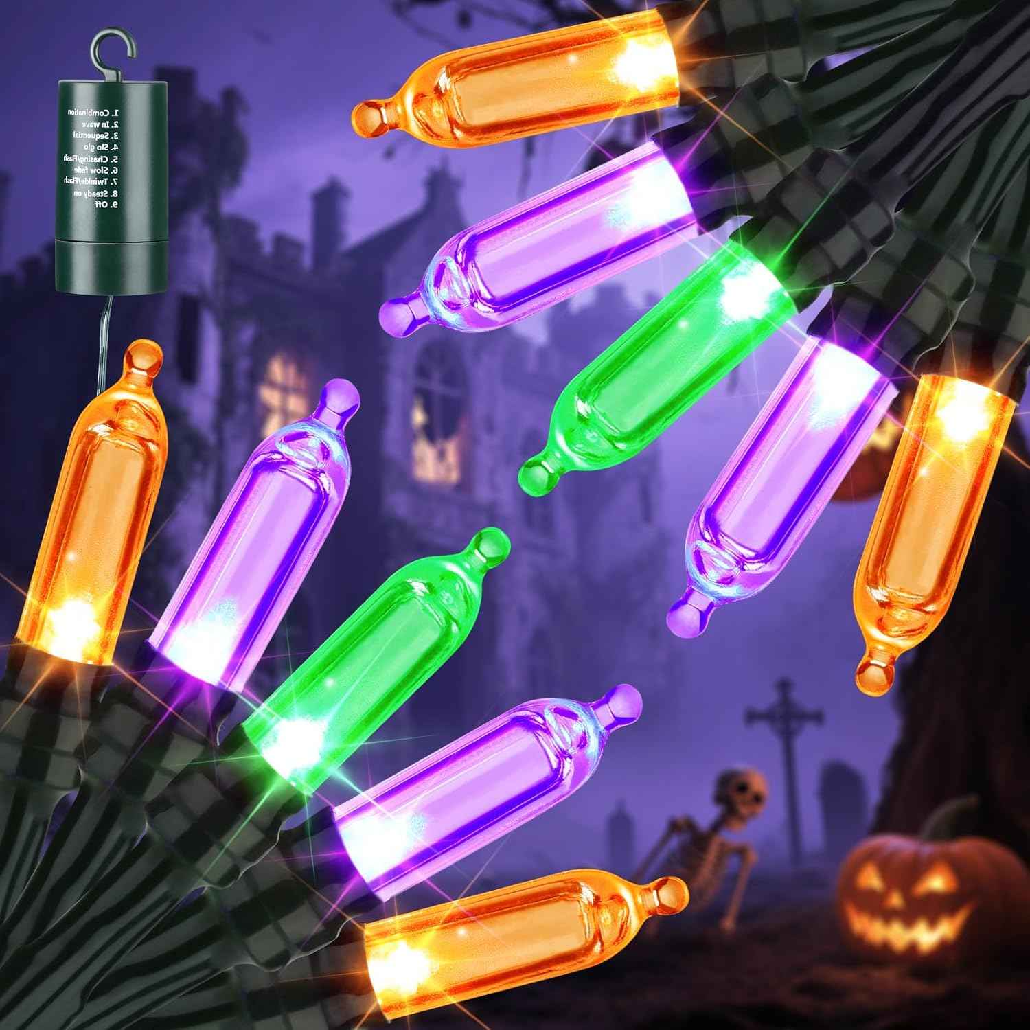 Orange & Purple & Green Halloween Lights, 2 Pack 33ft 100 LED Halloween Decoration Lights Waterproof 8 Modes Battery Operated String Light for Outdoor & Indoor,Tree, Wreaths, Holiday, Party Decor