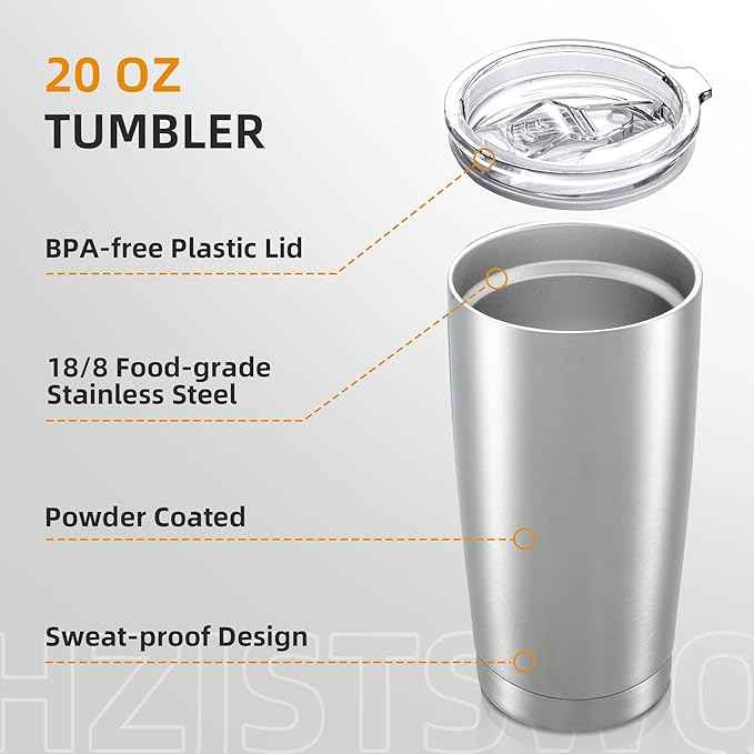 20 oz Tumbler with Lid Stainless Steel Insulated Tumblers Double Wall Vacuum Coffee Mug Powder Coated Tumbler Cups for Cold and Hot Drinks, Stainless Steel, 1 pack