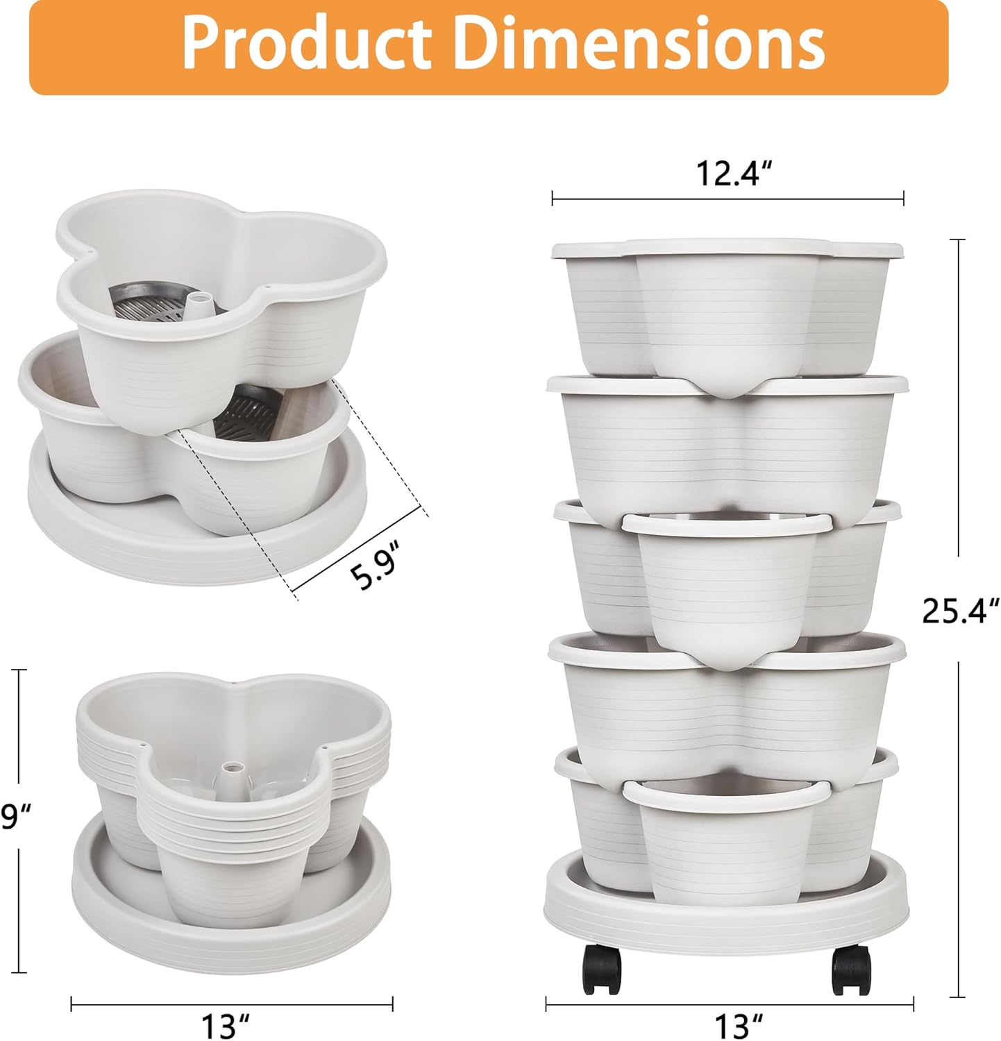 VECELO 5 Tier Vertical Garden Planter, Self Watering Stackable Planters with Wheels for Strawberries, Herbs, Flowers, Vegetables, Gray