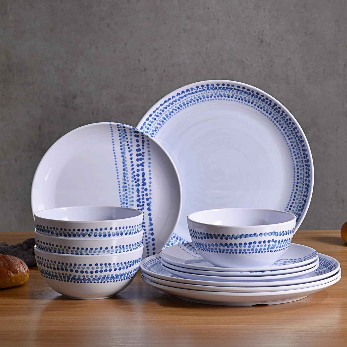 Melamine Dinnerware Sets, 12Pcs Plates and Bowls Sets Dinnerware Sets for 4, Unbreakable Dish Set for Indoor and Outdoor Use, Dishwasher Safe Raindrops Design