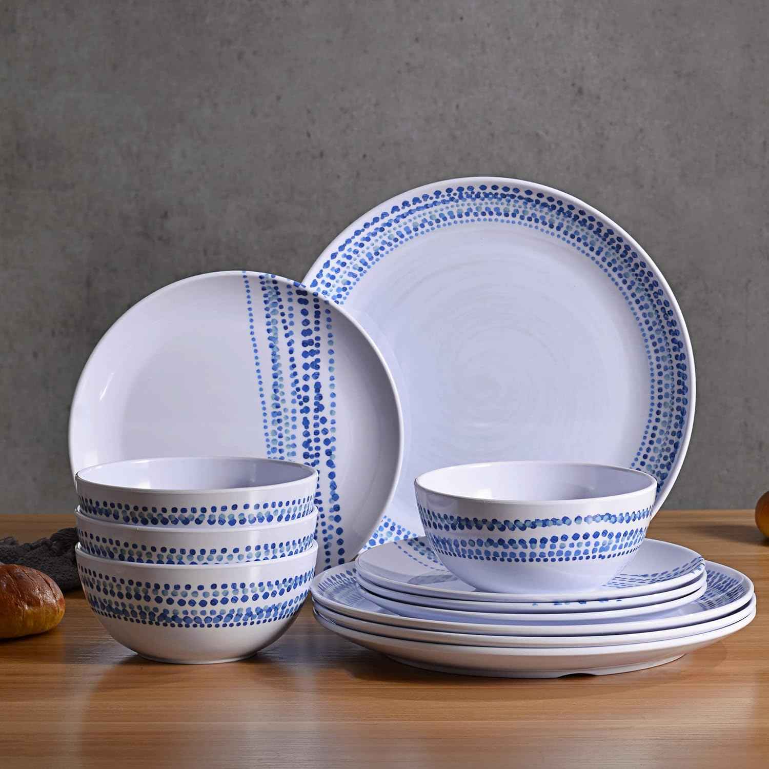 Melamine Dinnerware Sets, 12Pcs Plates and Bowls Sets Dinnerware Sets for 4, Unbreakable Dish Set for Indoor and Outdoor Use, Dishwasher Safe Raindrops Design