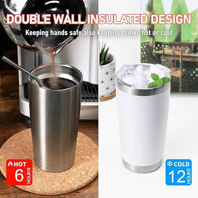 COMOOO 20oz White Tumbler Double Wall Vacuum Insulated Travel Mug Stainless Steel Coffee Mug with Lid and Straw Durable Powder Coated Insulated Coffee Cup for Cold & Hot Drinks (White,12 pack