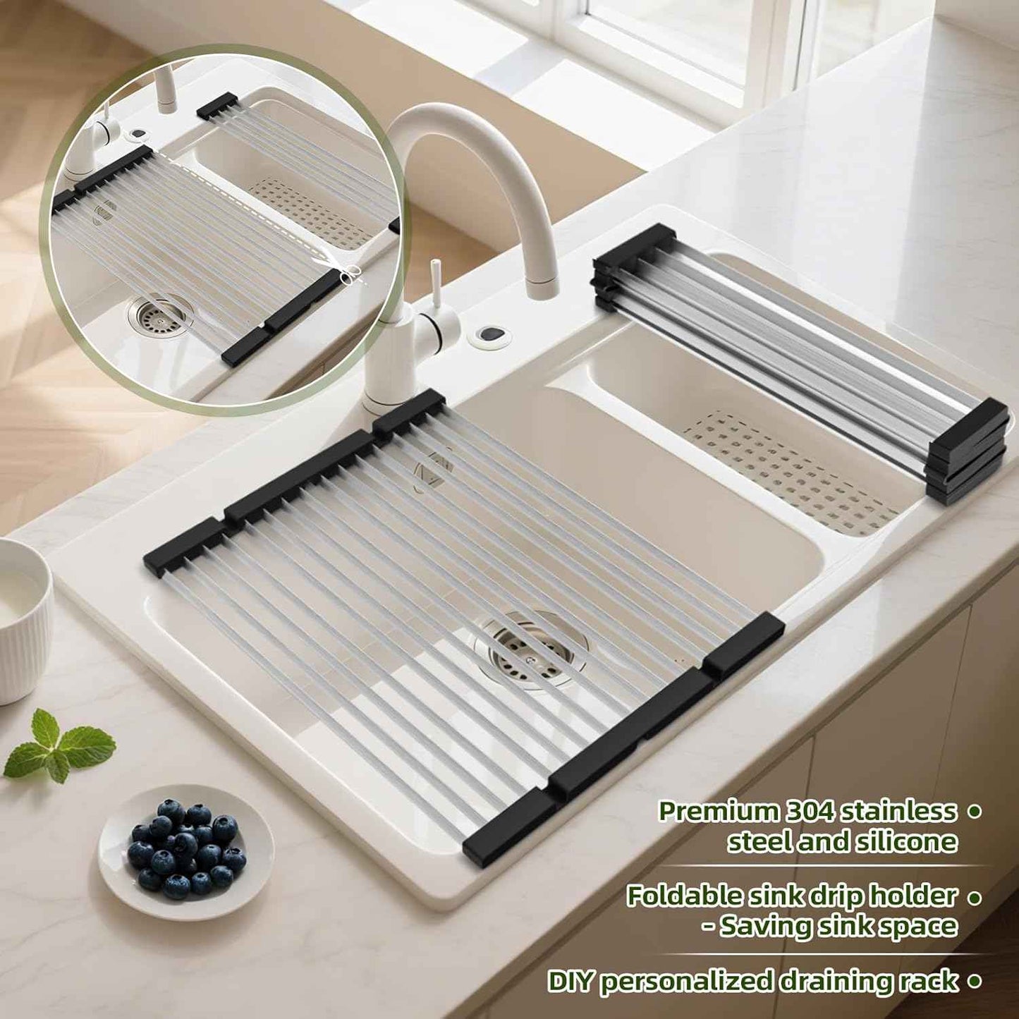GAViA Roll Up Dish Drying Rack Over The Sink Drying Rack Stainless Steel Sink Drying Rack Kitchen Dishes Drying Mat Foldable Dish Drainer Rack Kitchen Sink Organizer Accessories