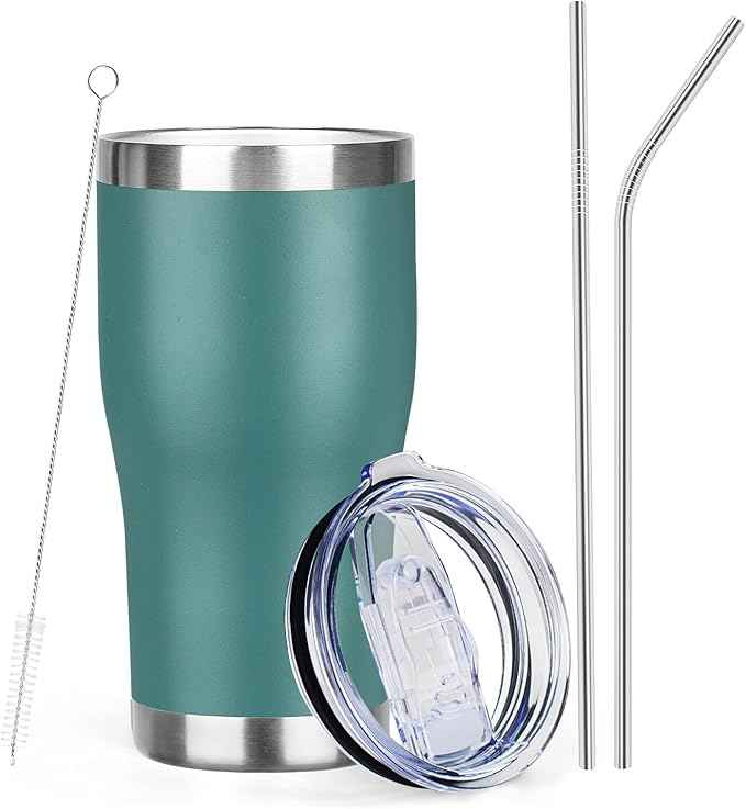 MEZMUT 20oz Coffee Tumbler with Lid and Straw Double Wall Vacuum Insulated Cup Stainless Steel Travel Mugs Insulated for Hot and Cold Leakproof Powder Coated Tumbler for Indoor and Outdoor(Deep Green)