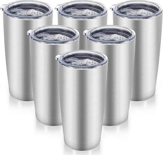 20 oz Tumblers Bulk Stainless Steel Tumbler with Lid Double Wall Vacuum Insulated Coffee Mug 20oz Powder Coated Cup for Hot and Cold Drinks, Stainless, 6 pack