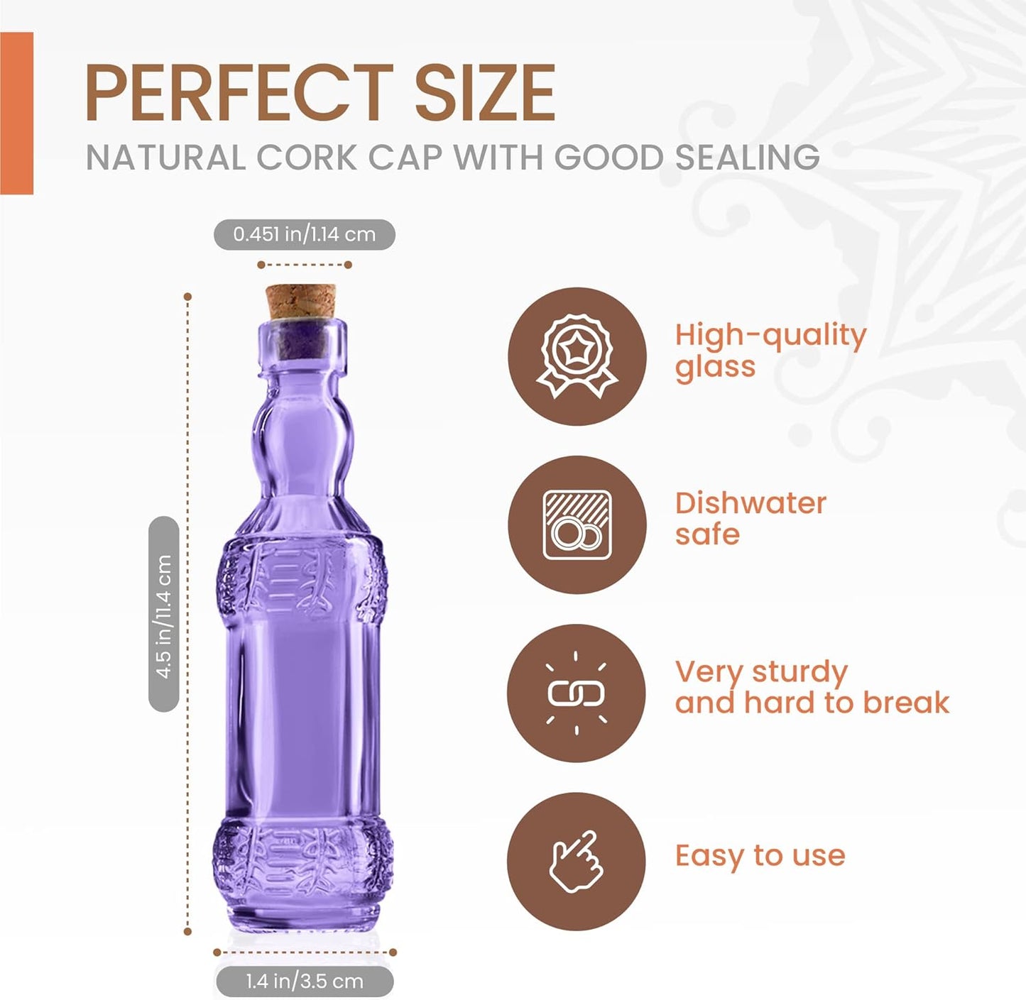 Small Mini Purple Vintage Glass Bottles with Corks, Mini Vases, Decorative Glass Bottle, Potion Bottles, Assorted Design Set of 12 pcs, 4.6 Inch Tall (11.43cm), 1.4 Inch Wide (3.56cm)