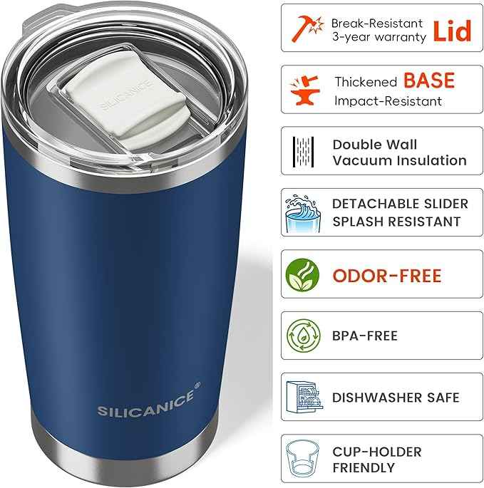 Coffee Tumbler 20 oz, Double Wall Stainless Steel Travel Coffee Mug with Removable Slider Lid, BPA Free, Car Cup Holder Compatible - Gym/Office/Travel/Home - Navy Blue