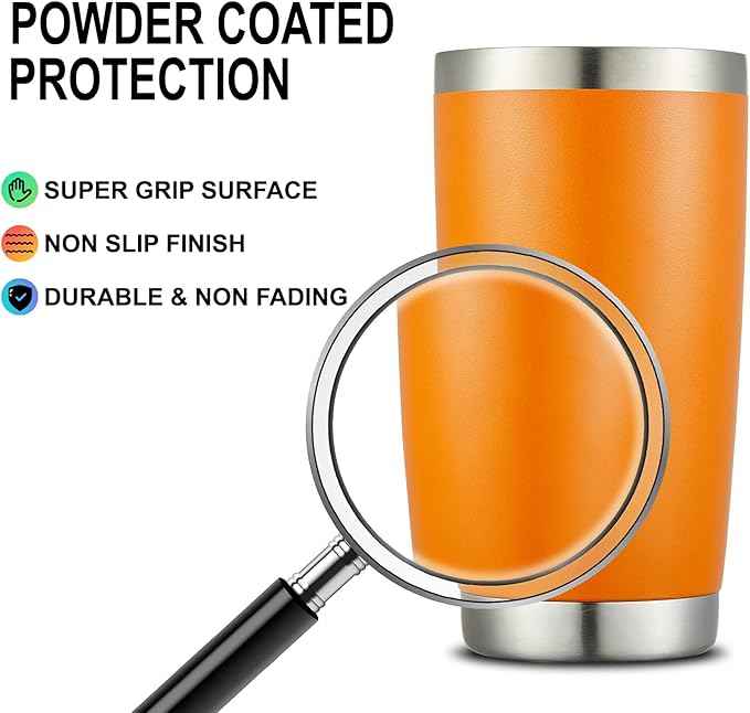 COMOOO 20oz Double Wall Vacuum Insulated Travel Mug Bulk Stainless Steel Tumbler with Lid and Straw Durable Powder Coated Insulated Coffee Cup for Cold & Hot Drinks (Orange, 12 pack