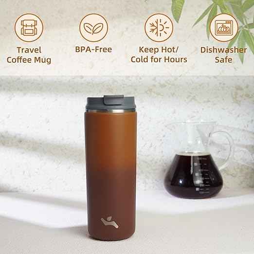 Konokyo Tumbler with Lid, 16 oz Travel Coffee Mug Double Wall Vacuum Stainless Steel Thermal Metal Cup Insulated Water Bottle,Caramel