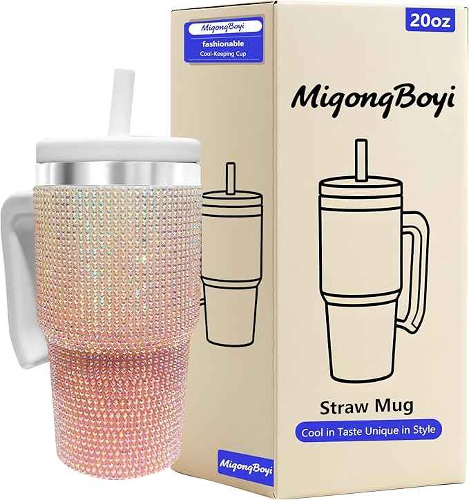 2PCS 20-OZ Insulated Water Bottle,Insulated Stainless Steel Tumbler,Reusable Cold Drink Thermos,BPA-Free, Double-Wall Stainless Steel Water Bottle (Pink White Gradient-Diamonds, 20, Fluid Ounces)
