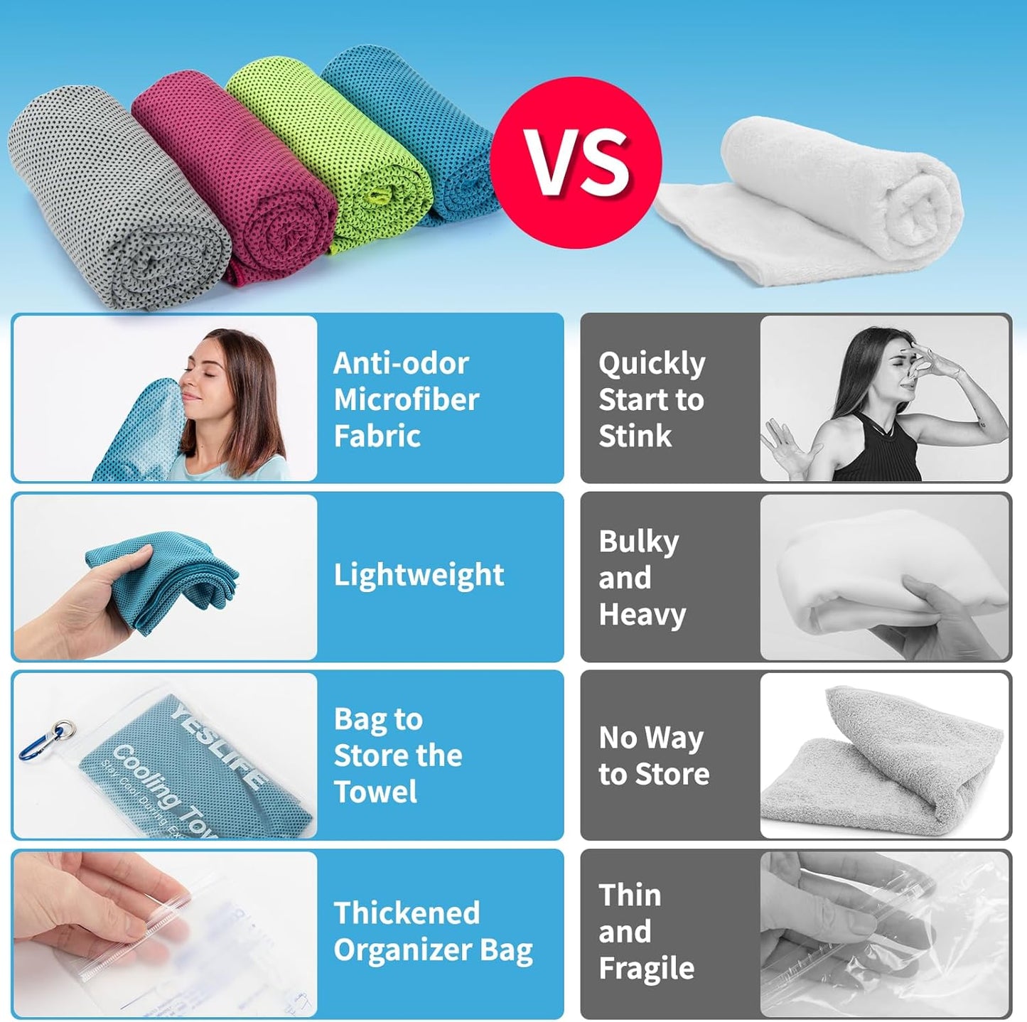 YESLIFE 4 Pack Cooling Towels 40"x12", Gym Towels for Men and Women, Soft Breathable Workout Towels for Yoga, Running, Sport, Workout, Camping, Fitness & More (Blue, Grey, Green, Pink)