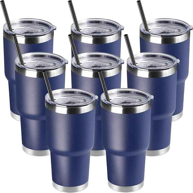 DOMICARE 30oz Tumbler Bulk with Lid and Straw, Double Wall Travel Coffee Mug, Insulated Vacuum Stainless Steel Tumblers, Powder Coated Tumbler Cup (Navy, 8)