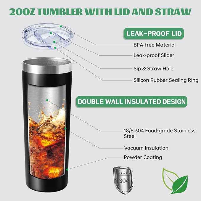 20 oz Skinny Tumbler with Lid and Straw,Stainless Steel Vacuum Insulated Tumbler Cup Double Wall Leak-proof Coffee Mug,Travel Thermal Water Tumbler for Office,Outdoor (Black/White/Rose gold/Silver)