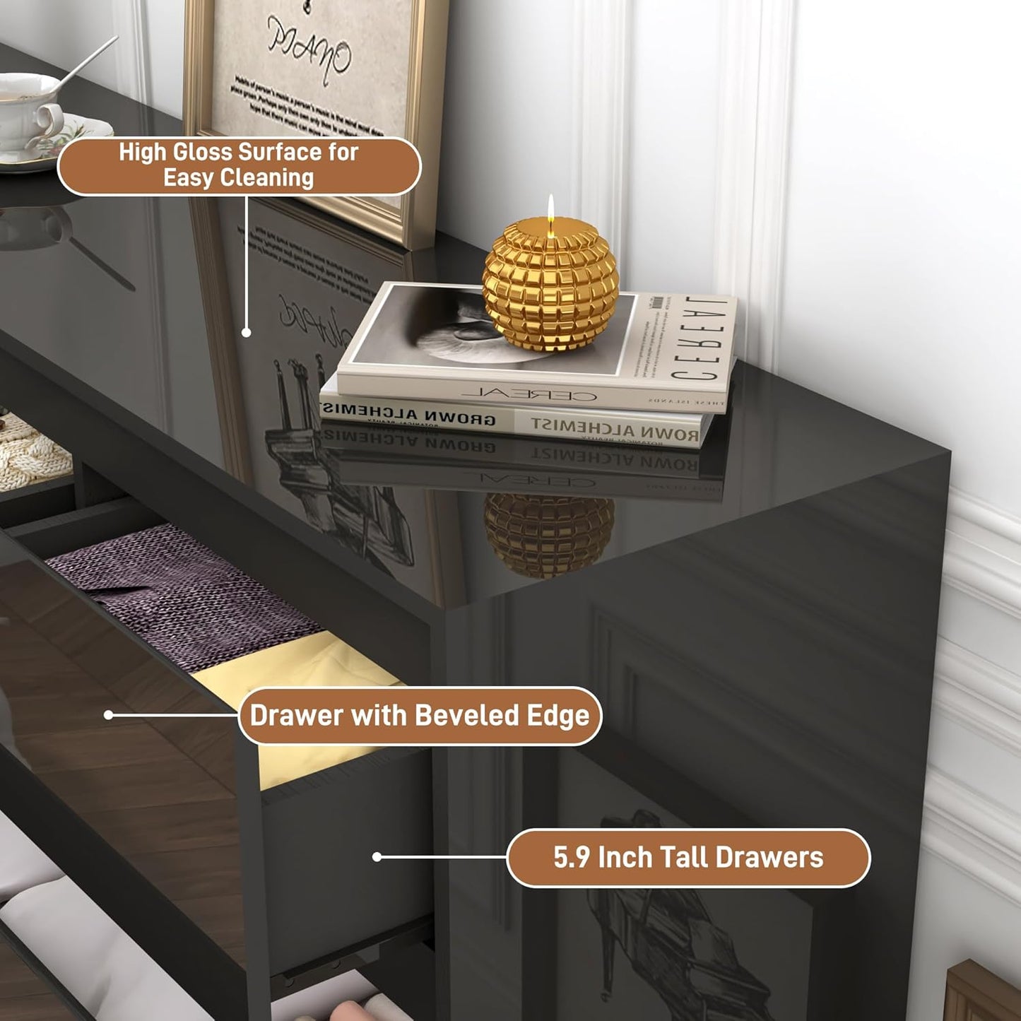 Black Malm Dresser for Bedroom, 55 Inch Long High Gloss Dresser with 7 Drawers, Modern Large Wood Chest of Drawer Handle Free, Living Room, Entryway, Hallway, Black