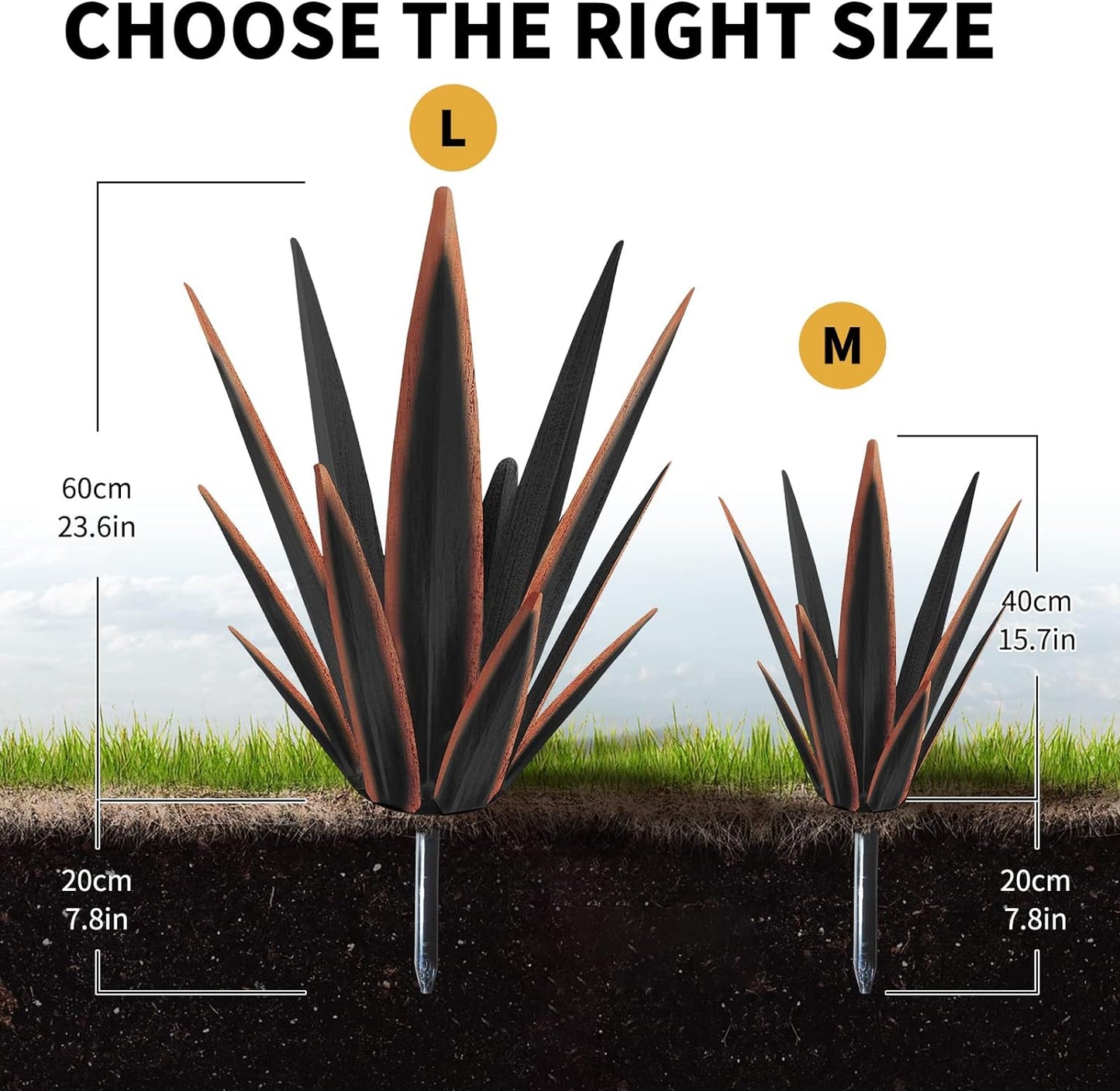 Large Tequila Rustic Sculpture, Rustic Metal Agave Plants for Outdoor Patio Yard, Home Decor Hand Painted Metal Agave Garden Yard Statue, Outdoor Lawn Ornaments Yard Stakes (Black -L)