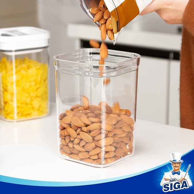 MR.SIGA 6 Piece Airtight Food Storage Container Set, BPA Free Kitchen Pantry Organization Canisters, One-handed Kitchen Storage Containers for Cereal, Spaghetti, Pasta, White